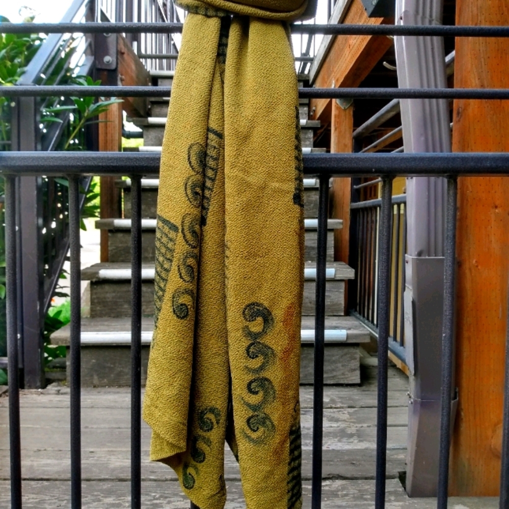 Hand painted vintage OBI olive silk scarf long